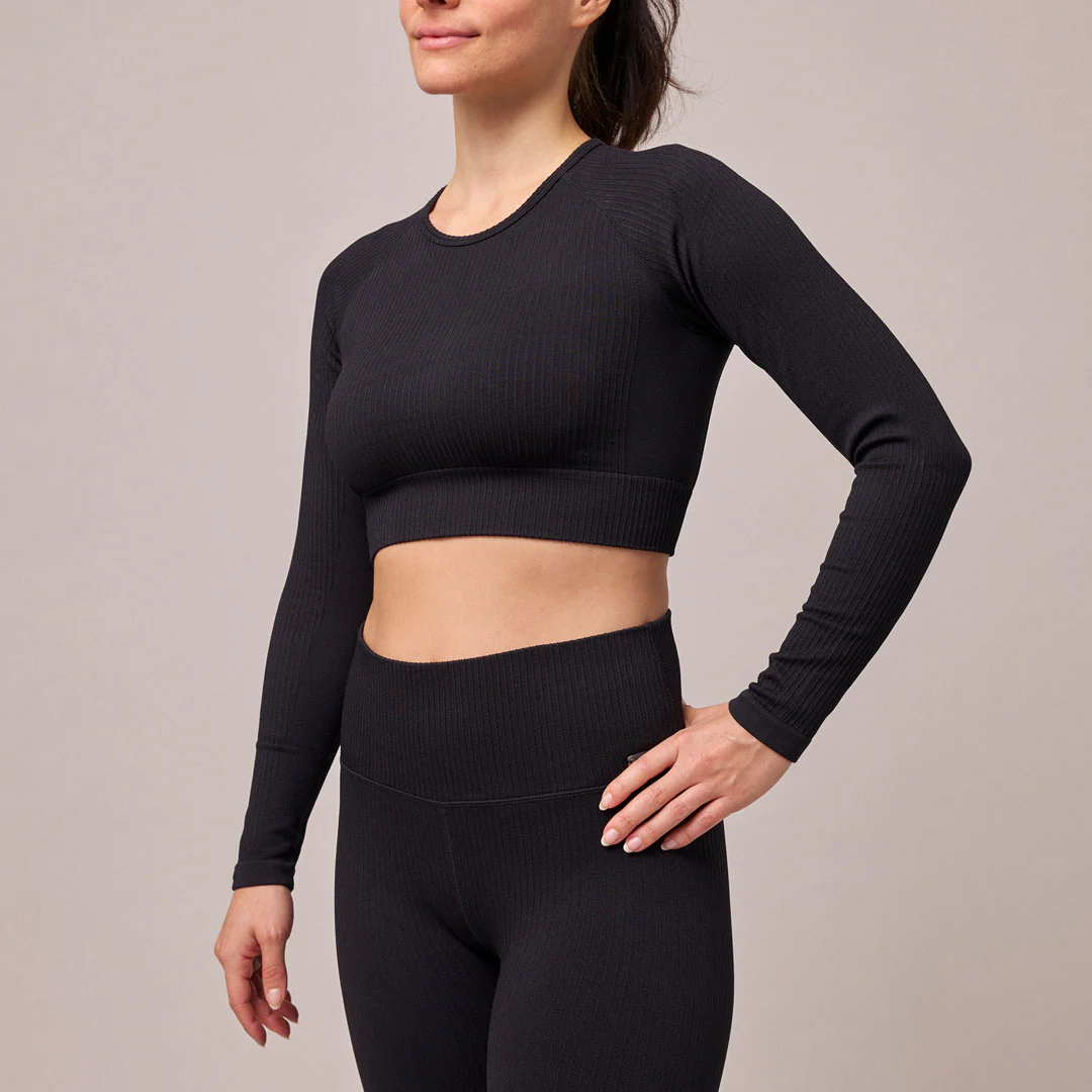 Geripptes Sportshirt langarm Damen | Schwarz - Image 5
